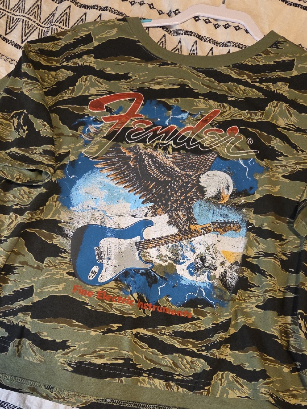 Cropped Fender Olive Camo Tee with Blue Guitar and Eagle Graphic